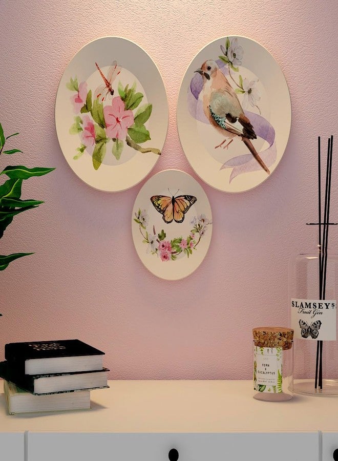 WOODHANG Beautiful Water Color Butterfly Floral and Bird Set of 3 Ceramic Wall Art Decorative Plates|Perfect Home Decor and Wall Decor Items for Your Hall and Living Room - Image 1